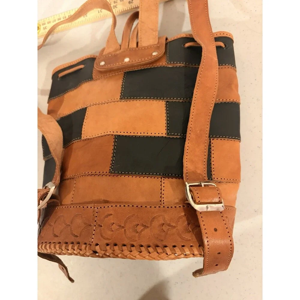 Vintage Hand Tooled Leather Patchwork Mini Backpack Boho Festival Drawstring Bag